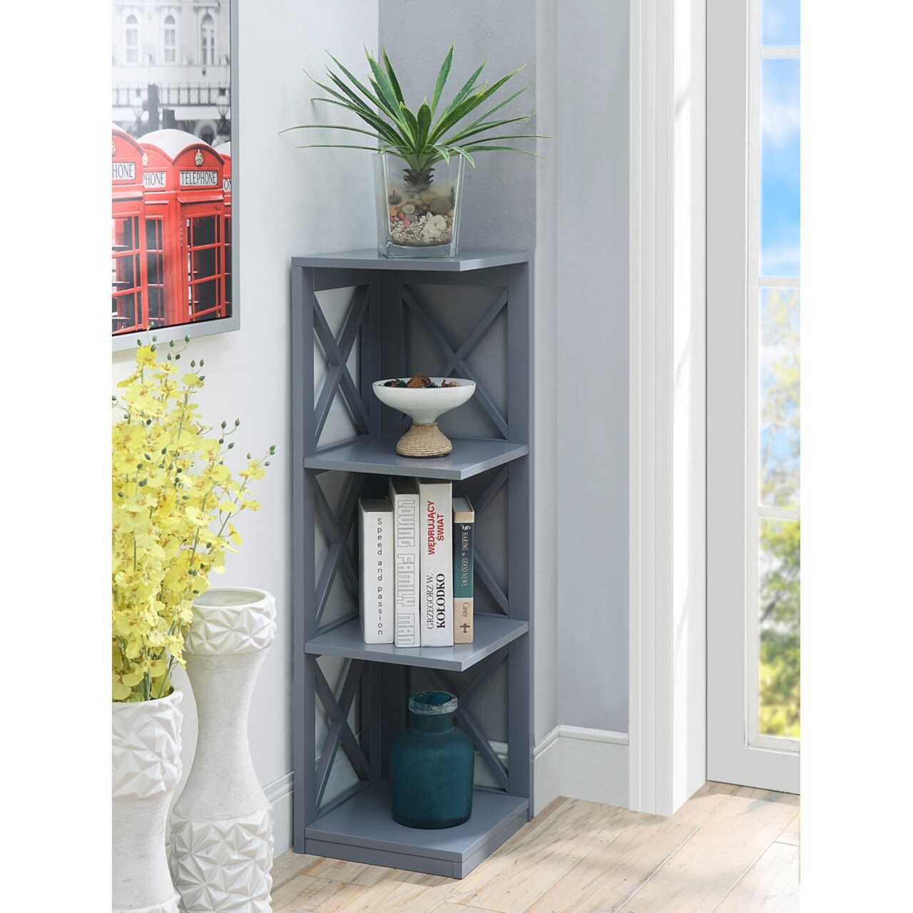 Convenience Concepts Oxford 3 Tier Corner Bookcase, Gray